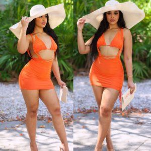 Hollow Out Ruched Mini Dress Orange S, M